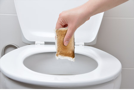 Blog_Septic-Tank-Additives-2_450x320 Person dropping a biological septic tank additive with bacteria and enzymes into their toilet.