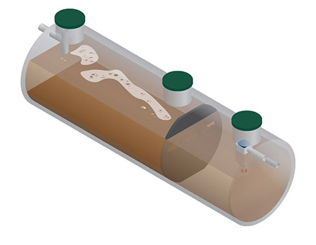 Dessin isométrique d'un réservoir de traitement primaire des eaux usées Rewatec.