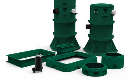 Risers, pumps, and pump stations for Ecoflo and Rewatec wastewater treatment technologies.