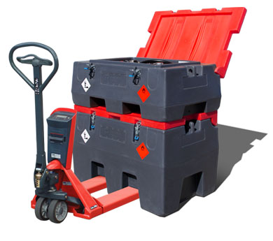 Forklift and pallet jack grooves integrated into the design of the Calona IBC diesel tote from Premier Tech Water and Environment.
