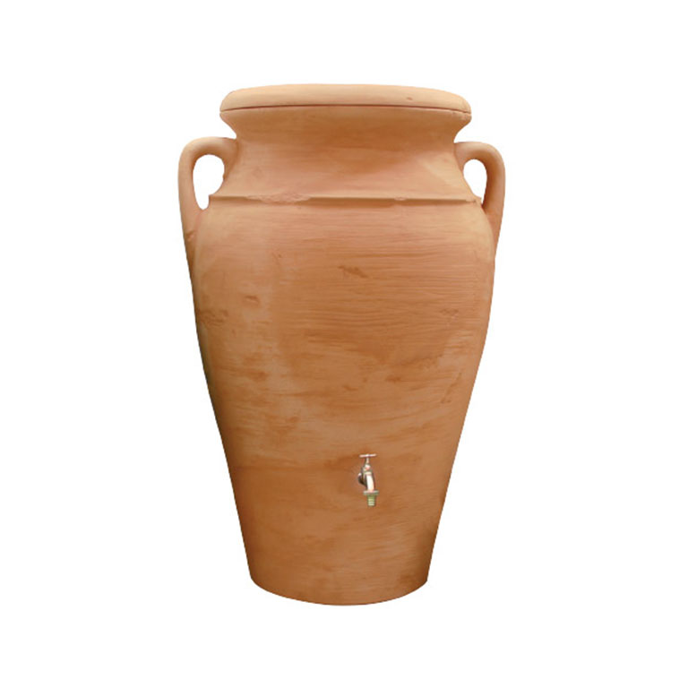 Arvès terracotta-look rain barrel with brass spigot.