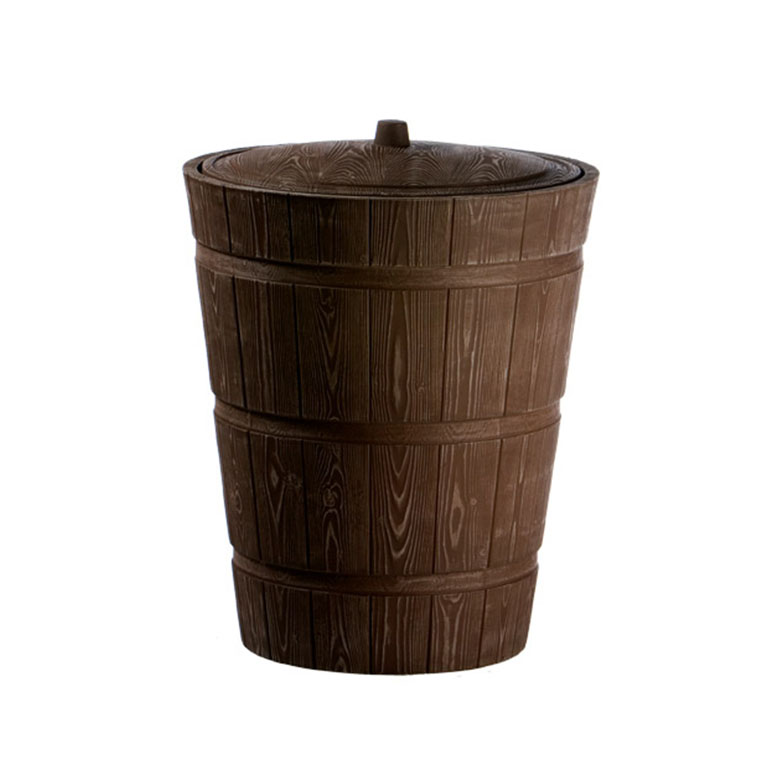 Arvès wood-look rain barrel with brass spigot.
