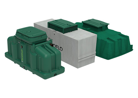The Ecoflo product range, including polyethylene, concrete, and fiberglass advanced secondary wastewater treatment systems.
