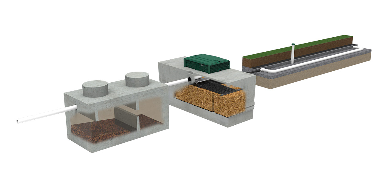 Schéma 3D d'une installation septique Ecoflo, incluant la fosse septique, le biofiltre compact Ecoflo et le champ de polissage.