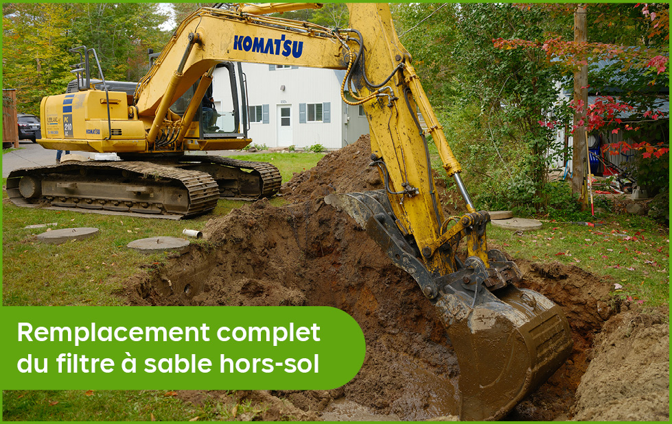 Excavation pour le remplacement d'une installation septique désuète avec une pelle mécanique.