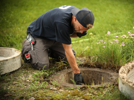 Premier Tech technician repairing a septic tank in the UK.