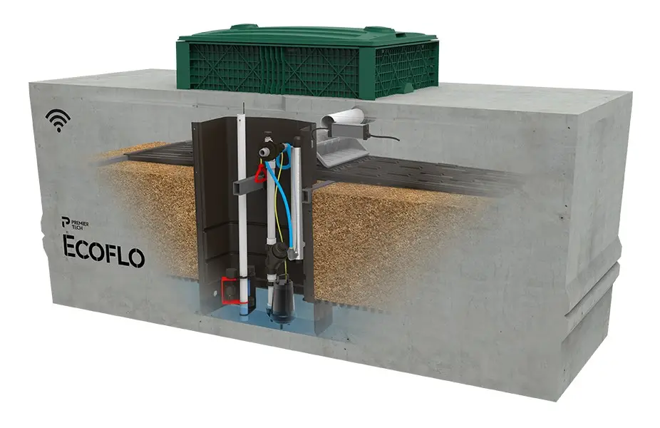 Rewatec UV disinfection unit integrated in the concrete Ecoflo biofilter septic system.