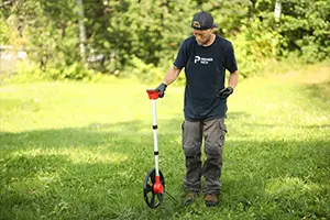 Technicien Premier Tech mesurant les distances des composantes d'une installation septique pour l'inspection préachat.