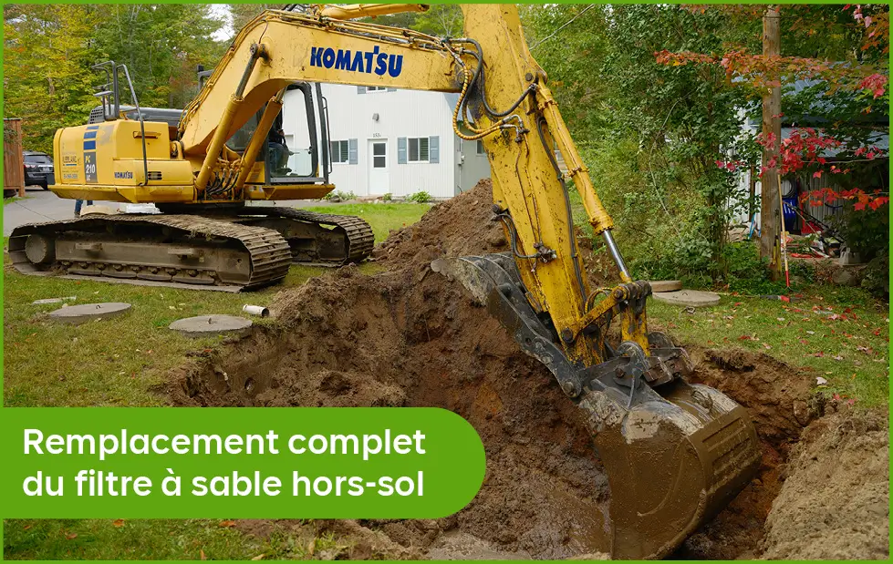 Excavation pour le remplacement d'une installation septique désuète avec une pelle mécanique.