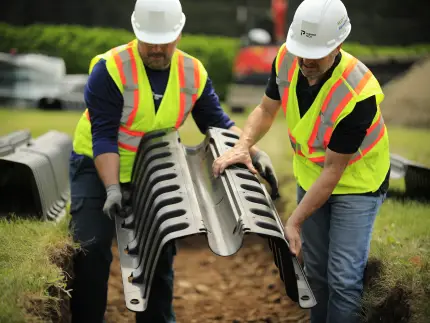 Plastic drain field chamber installation.