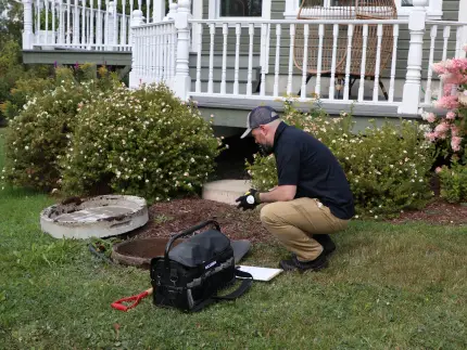 Premier Tech technician inspecting an aging septic tank.