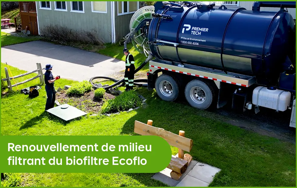 Renouvellement de milieu filtrant d'un biofiltre Ecoflo avec un camion vacuum.
