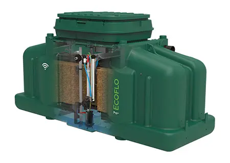 Polyethylene Ecoflo biofilter septic system with the Rewatec UV wastewater disinfection unit integrated in the tank.