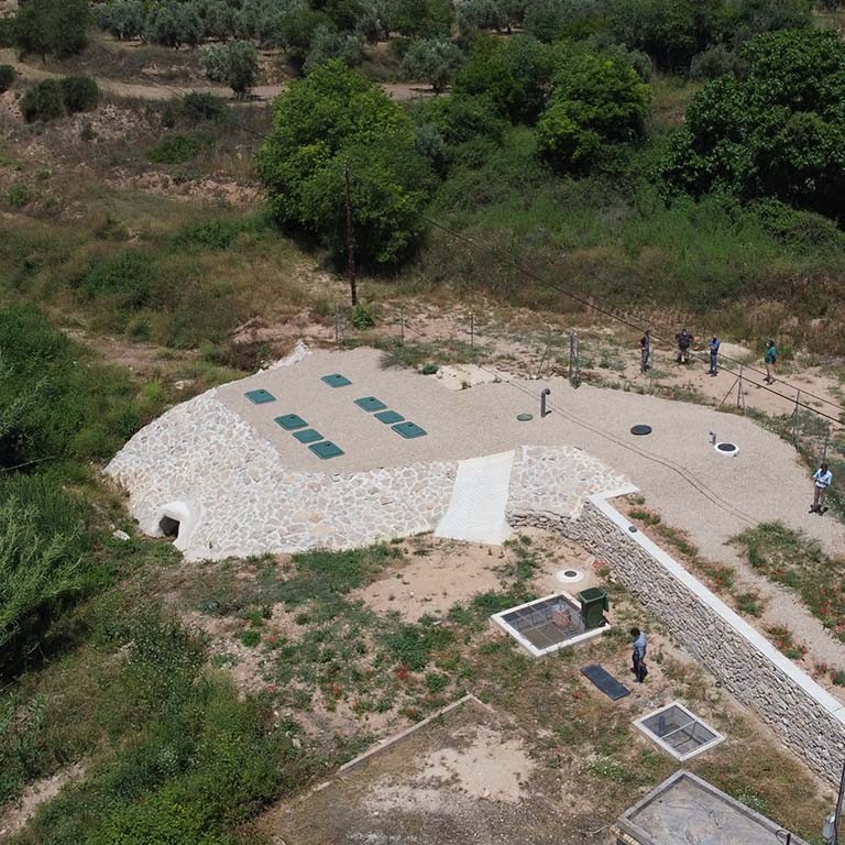 Drone shot of an Ecoflo biofilter septic system installation for a commercial property owner in Portugal.