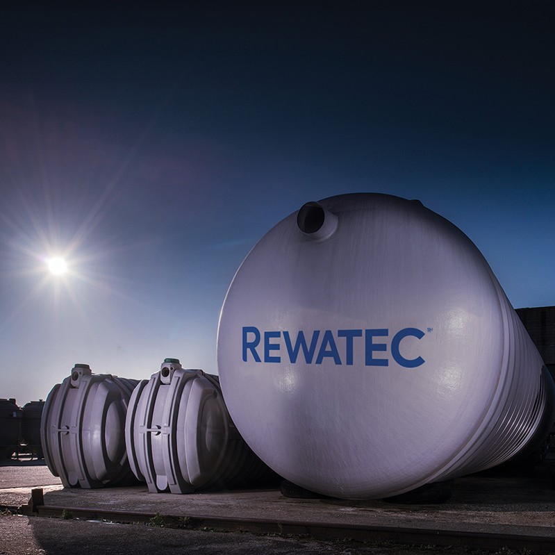 Rewatec underground water storage tanks ready for delivery at a Premier Tech Water and Environment depot.
