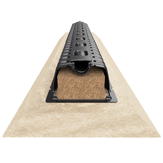 View inside the Ecoflo linear biofilter, including its filter mattress made of coconut husk fragements.