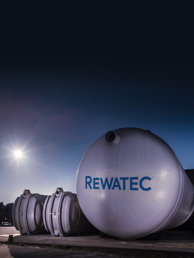 Rewatec polyethylene and GRP tanks at a Premier Tech depot.