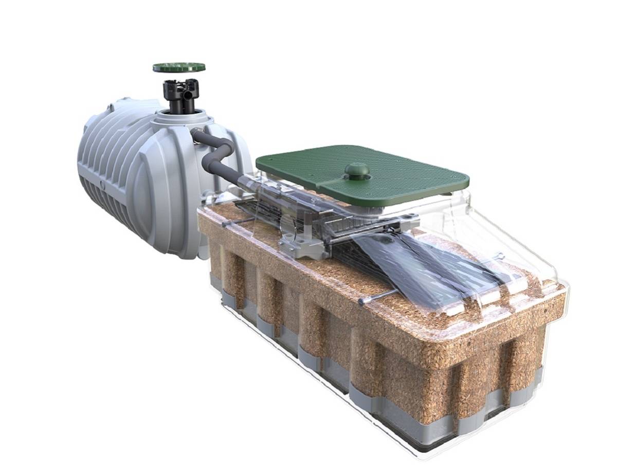 Ecoflo wastewater treatment system connected to a Rewatec septic tank 