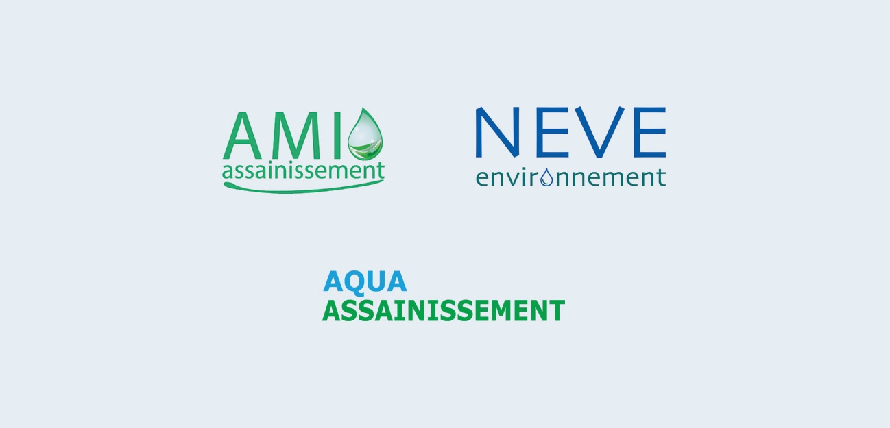 Logos for French wastewater treatment companies Aqua Assainissement SAS, AMI Assainissement SAS, and Neve Environnement.