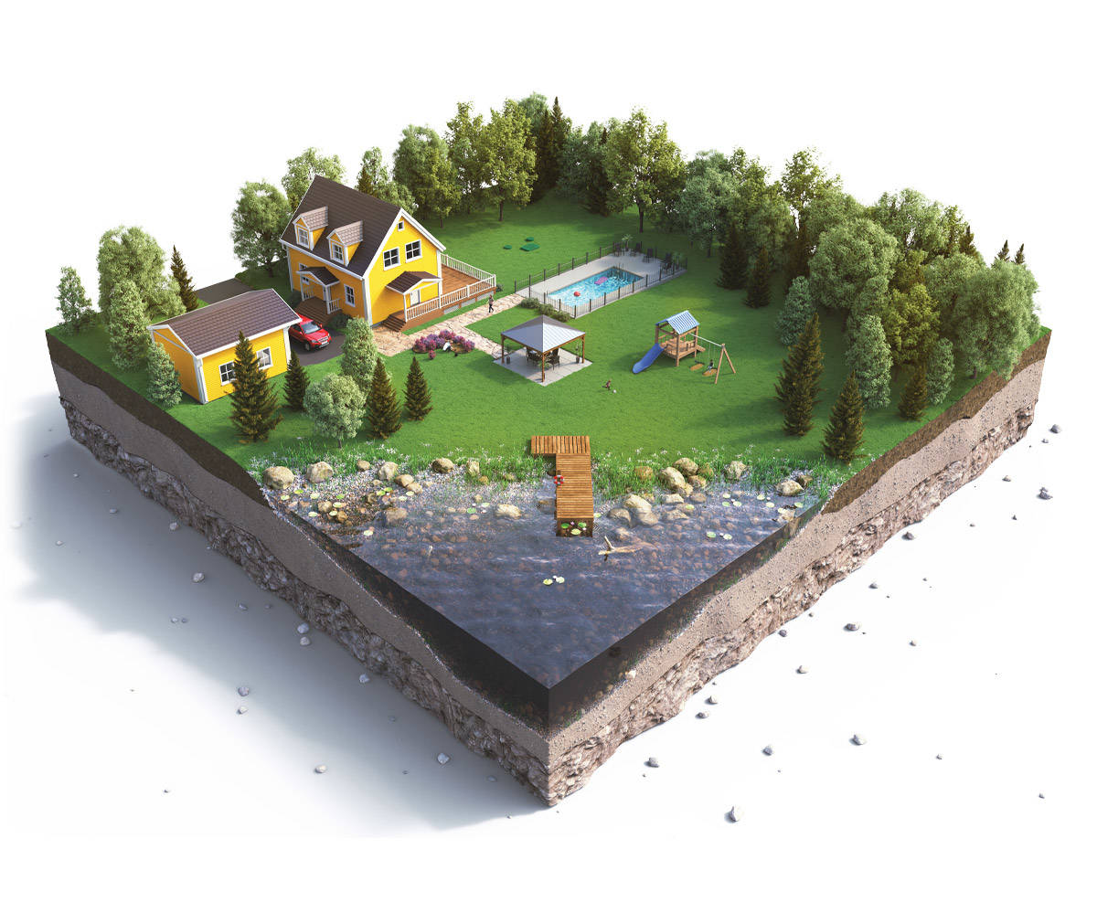 3D illustration of the Ecoflo biofilter septic system installed on a property near a lake.