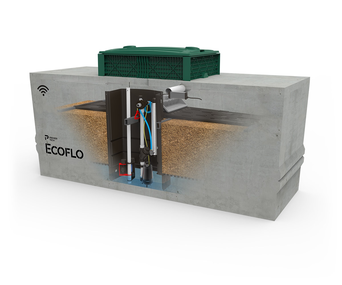 Rewatec UV disinfection unit integrated in the concrete Ecoflo biofilter septic system.
