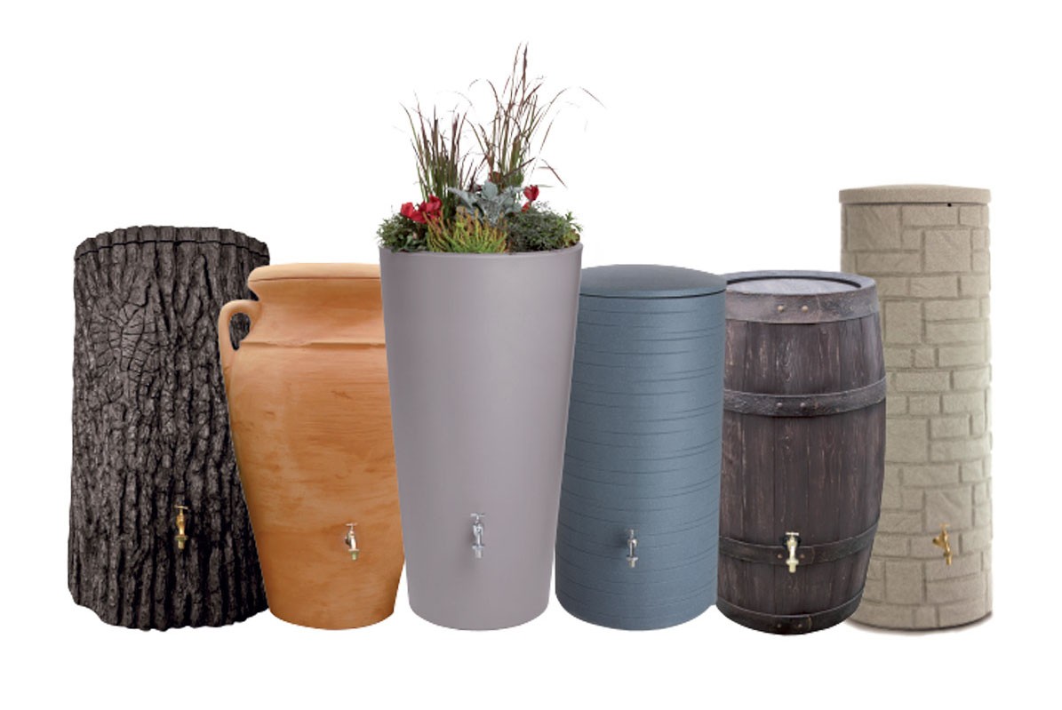 A selection of Arvès rain barrel models to harvest rainwater for homes, cottages, and small businesses.
