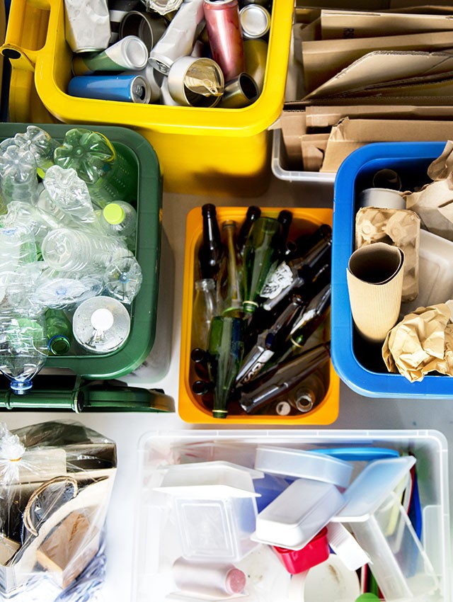 Sorted materials for recycling, including bottles, cans, plastics, and paper.