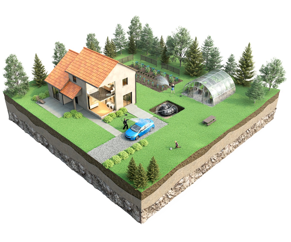 Solução de recolha de águas pluviais residenciais com depósito subterrâneo