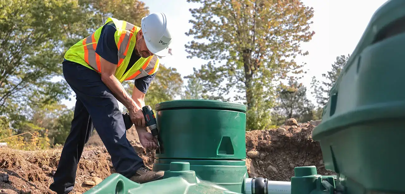 Premier Tech Water and Environment partner installing the Pack model of the Ecoflo biofilter septic system. 