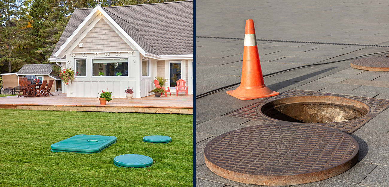 Ecoflo septic system lids installed on a rural property versus public sewer manhole lids installed on a city street.