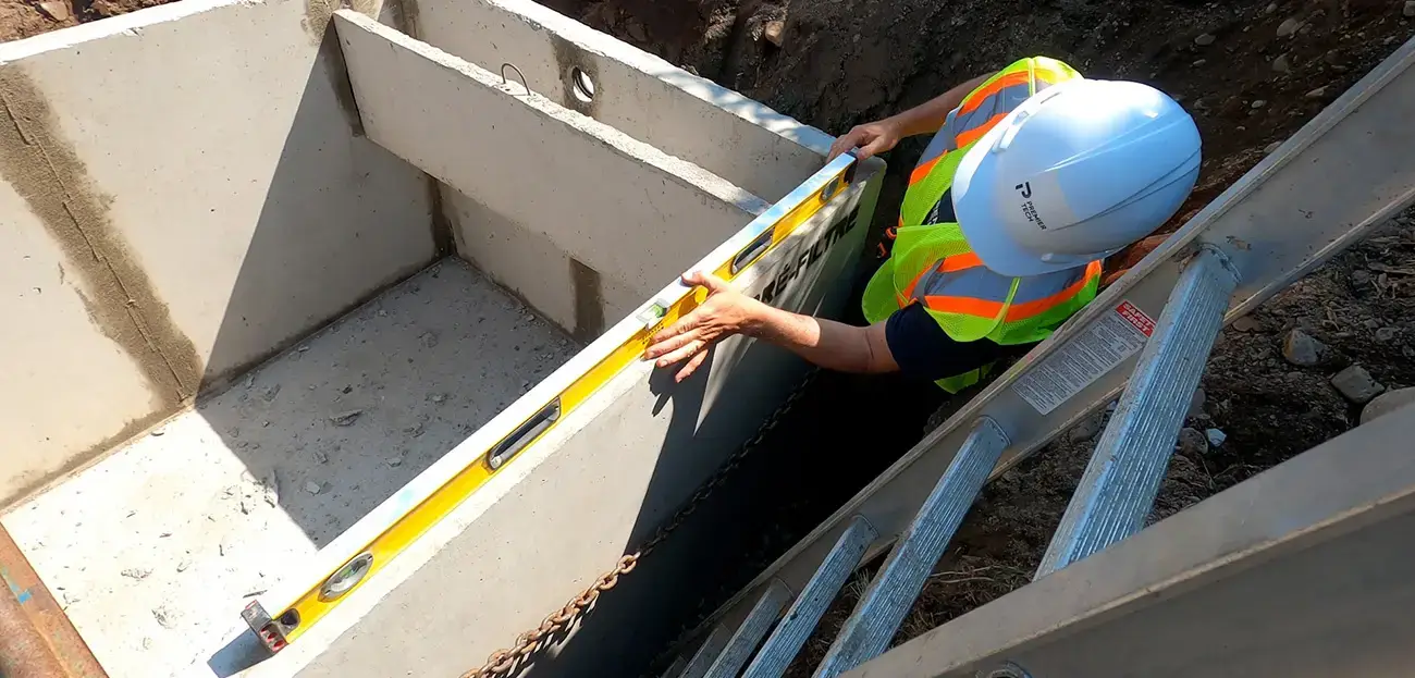 Technicien en Eau et Environnement Premier Tech s'assurant qu'une fosse septique est de niveau.