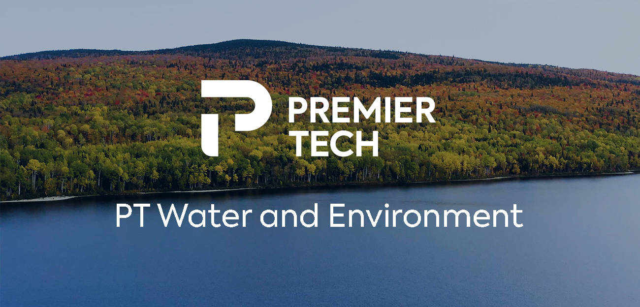 Premier Tech Water and Environment logo superimposed on an image of a shoreline.
