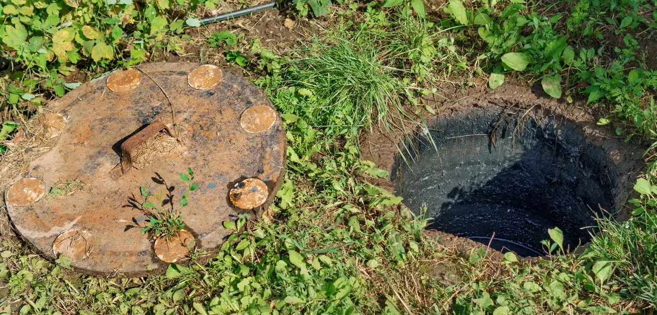 Couvercle de puisard sur la pelouse à côté d'un trou dans le sol.