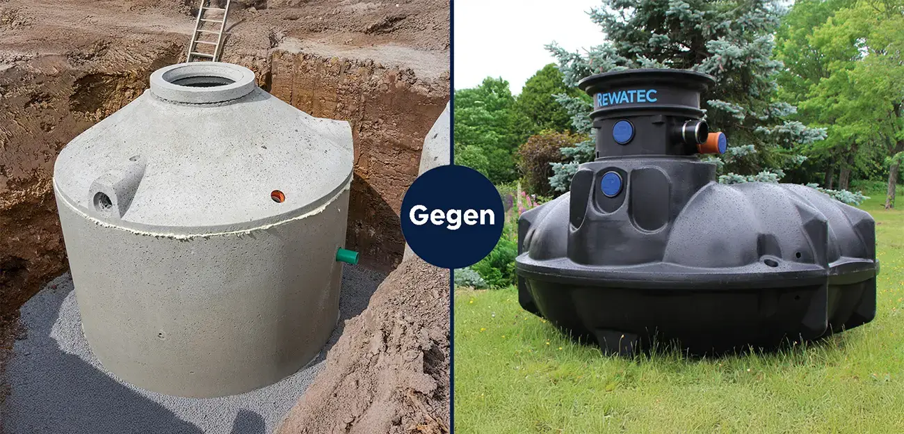 Vergleich von Regenwasserzisternen aus Beton und Kunststoff.
