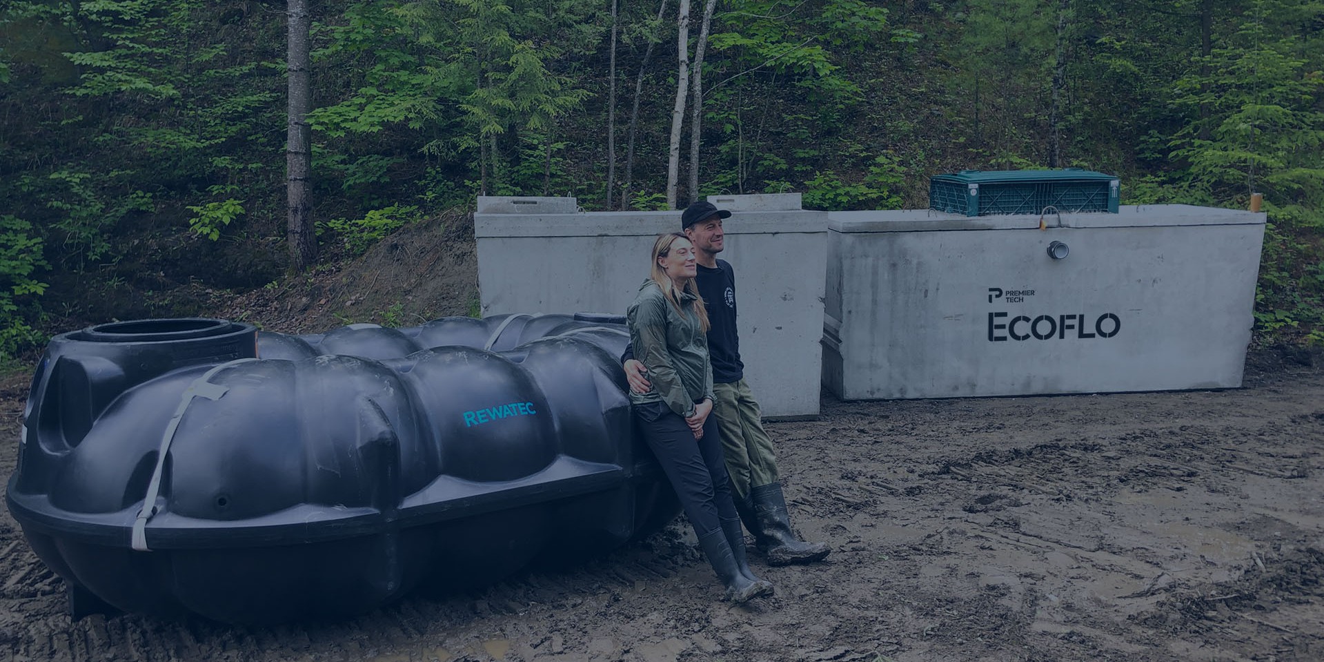 Premier Tech Water and Environment customers installing the Rewatec rainwater harvesting system and the Ecoflo biofilter septic system.