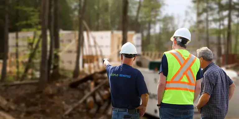 Homeowner with professionals from Premier Tech Water and Environment in front of a septic system in Pennsylvania.