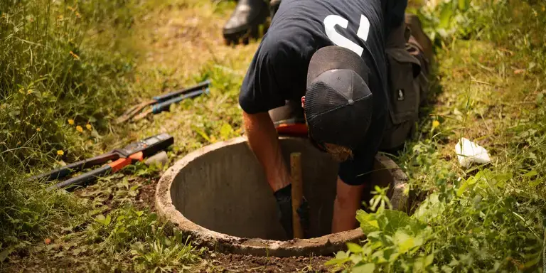 Premier Tech technician repairing a septic tank in the UK.
