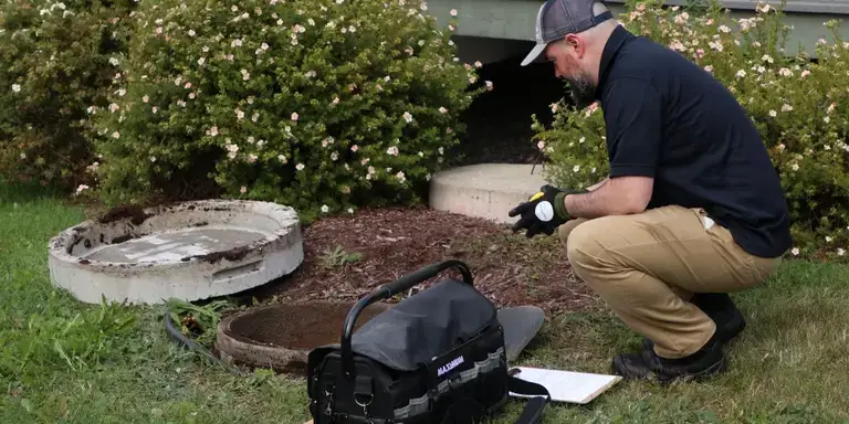 Premier Tech technician inspecting an ageing septic tank.