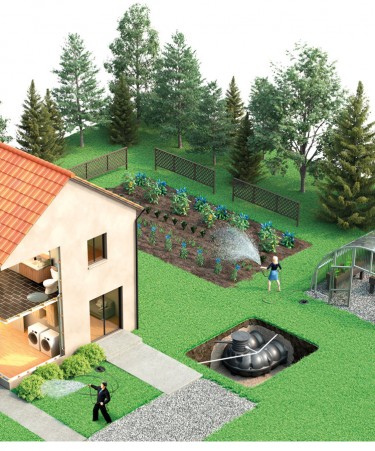 A couple uses an underground tank to water the garden.