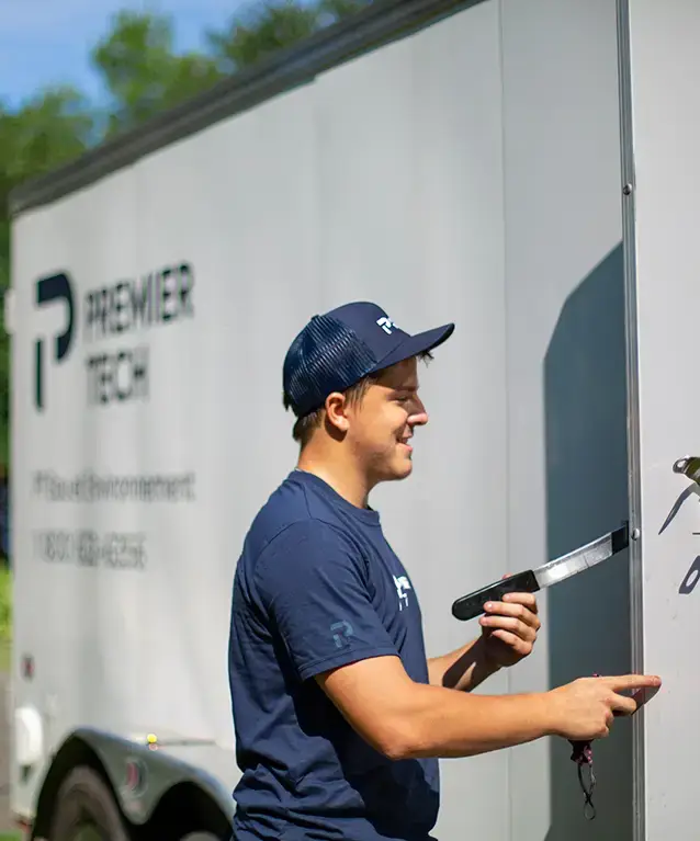 Technicien Premier Tech effectuant l'entretien annuel d'une installation septique.