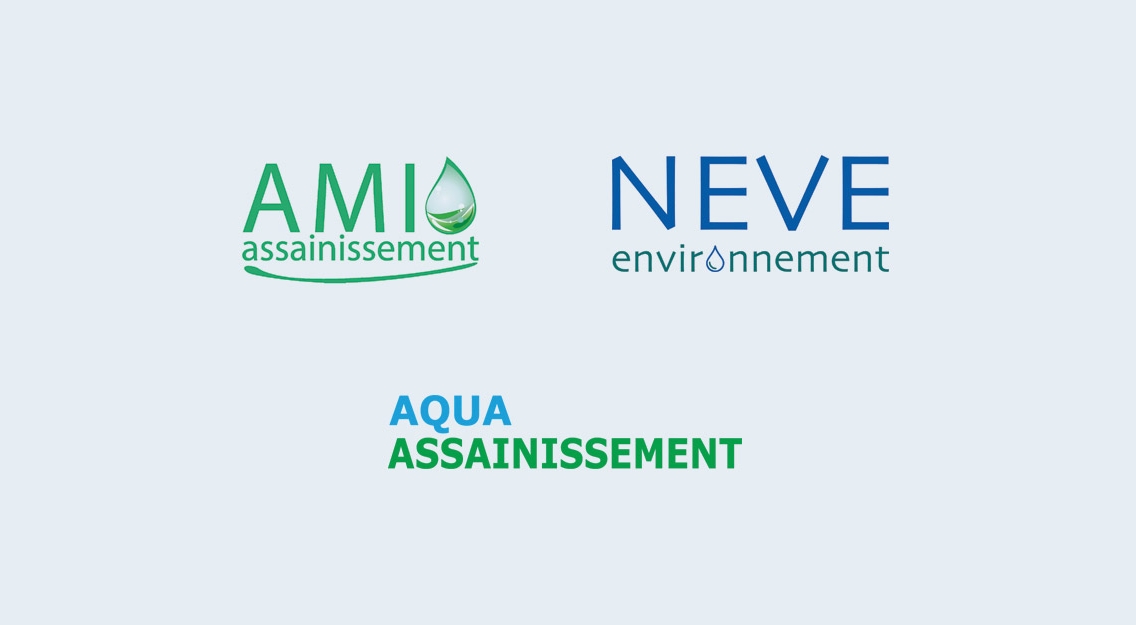 Logos for French wastewater treatment companies Aqua Assainissement SAS, AMI Assainissement SAS, and Neve Environnement.