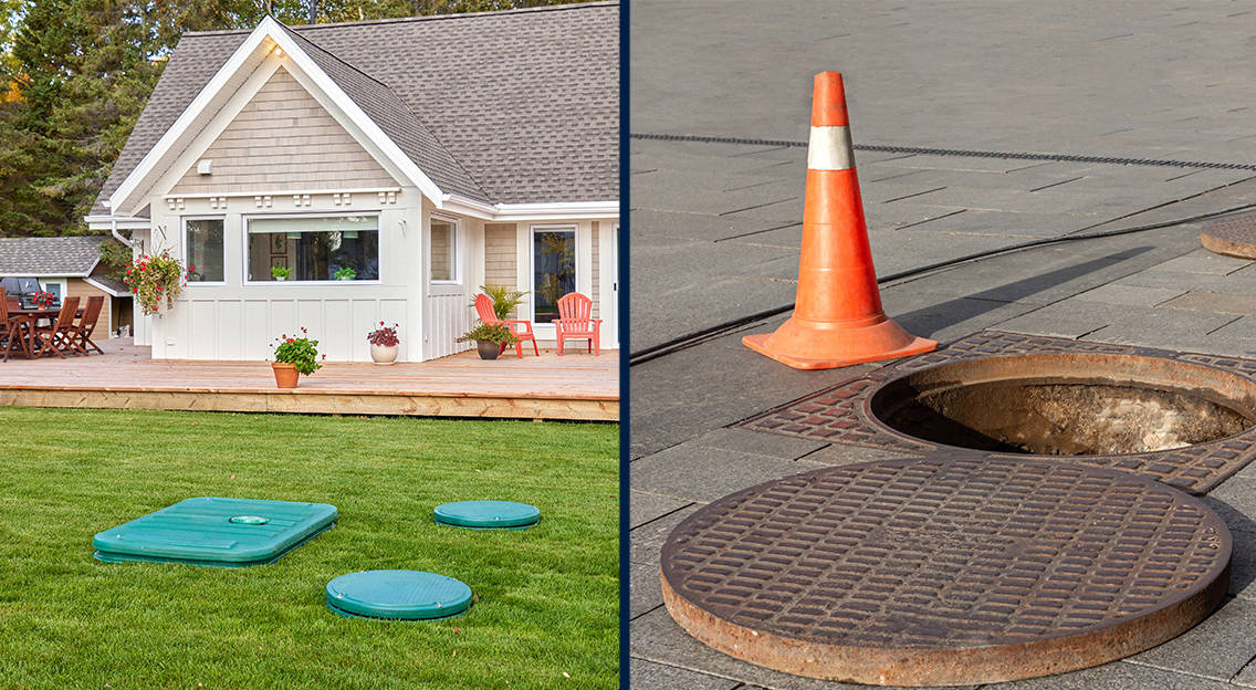 Ecoflo septic system lids installed on a rural property versus public sewer manhole lids installed on a city street.