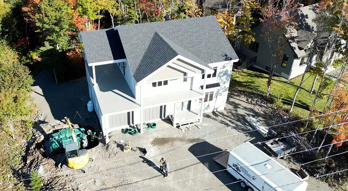 Drone shot of an Ecoflo septic system installation on a small lot in Pennsylvania.