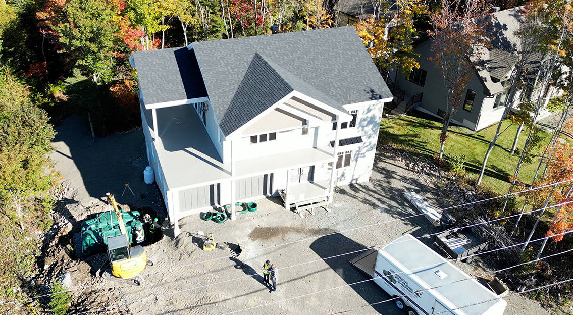 Drone shot of an Ecoflo septic system installation on a small lot in Pennsylvania.