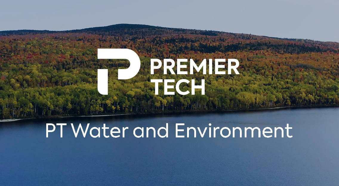 Premier Tech Water and Environment logo superimposed on an image of a shoreline.