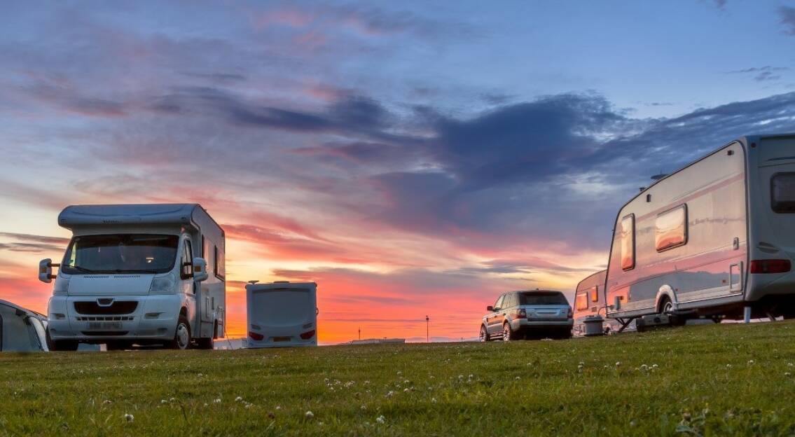 Camping vans at a leisure park in the United Kingdom.