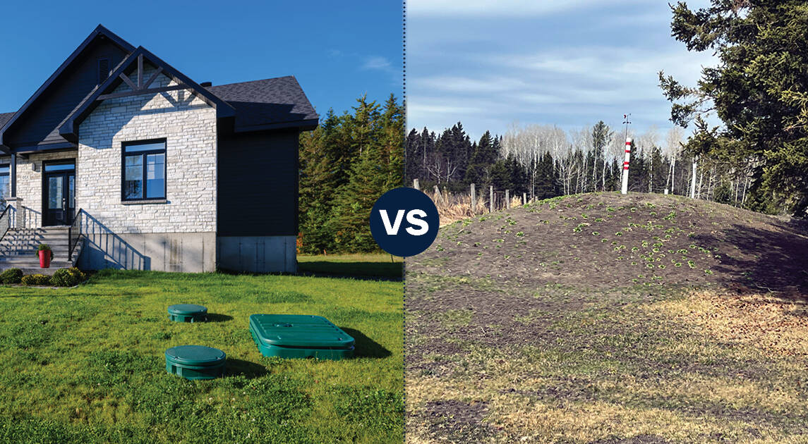 Image comparant une installations septique Ecoflo à un filtre à sable hors-sol