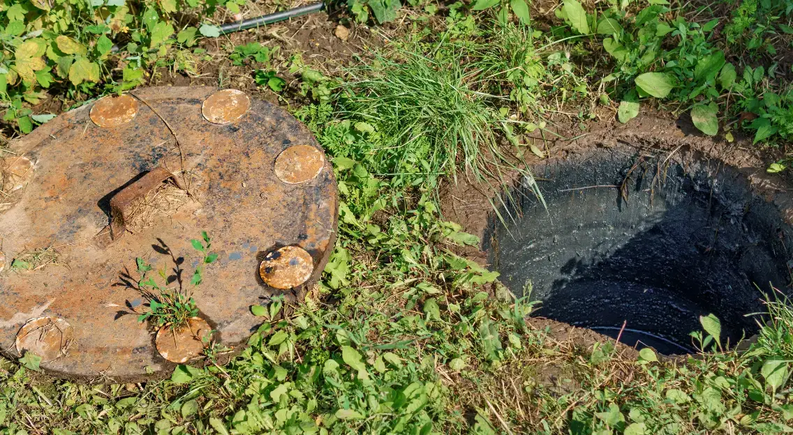 Couvercle de puisard sur la pelouse à côté d'un trou dans le sol.