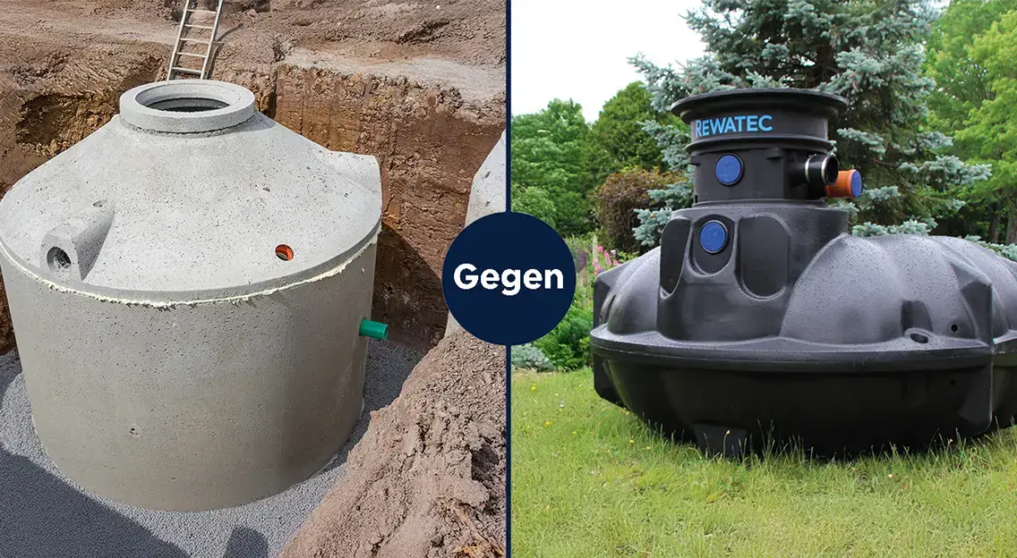 Vergleich von Regenwasserzisternen aus Beton und Kunststoff.