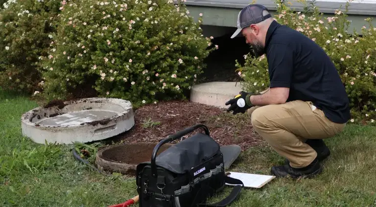 Premier Tech technician inspecting an ageing septic tank.